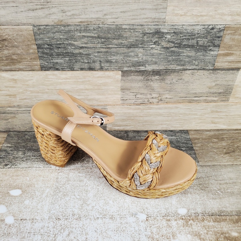 Stuart Weitzman Lana 80 Raffia Womens Sandal Sz 9 B Natural Tonal Ankle Strap